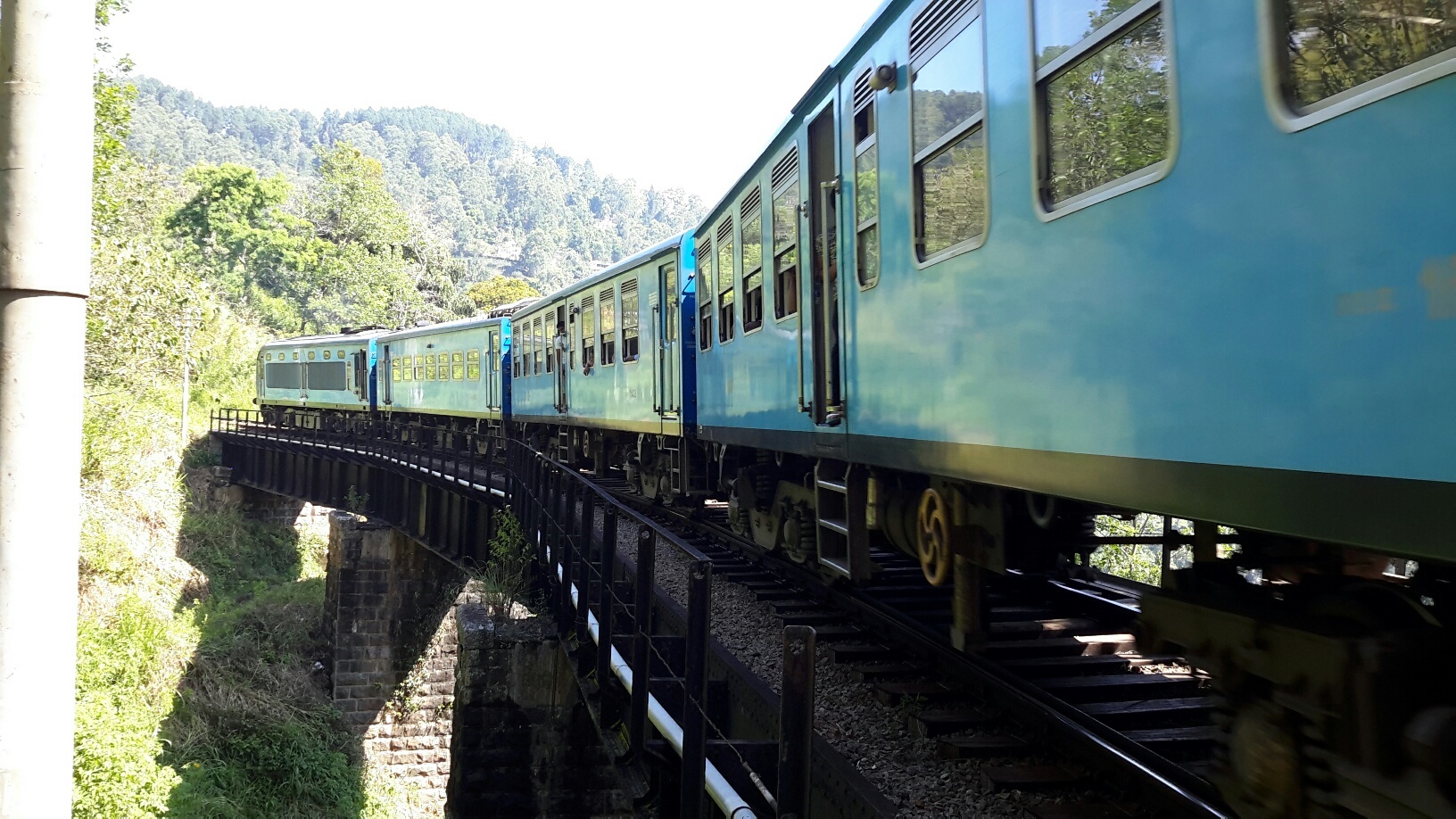 En närbild på ett blått tåg på en bro, med skog i bakgrunden.