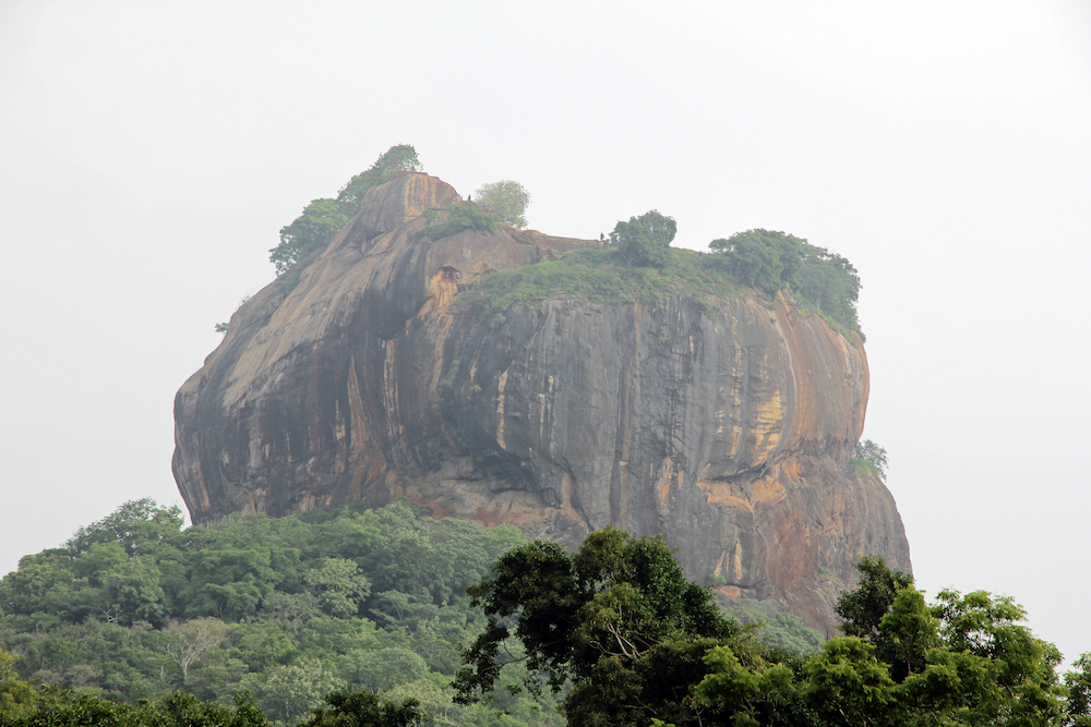 SEn bild från avstånd på Sigiriya lejonklippan. Trädtoppar i förgrunden.